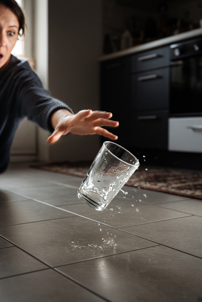 The glass falling from Claire's hand as the truth lands