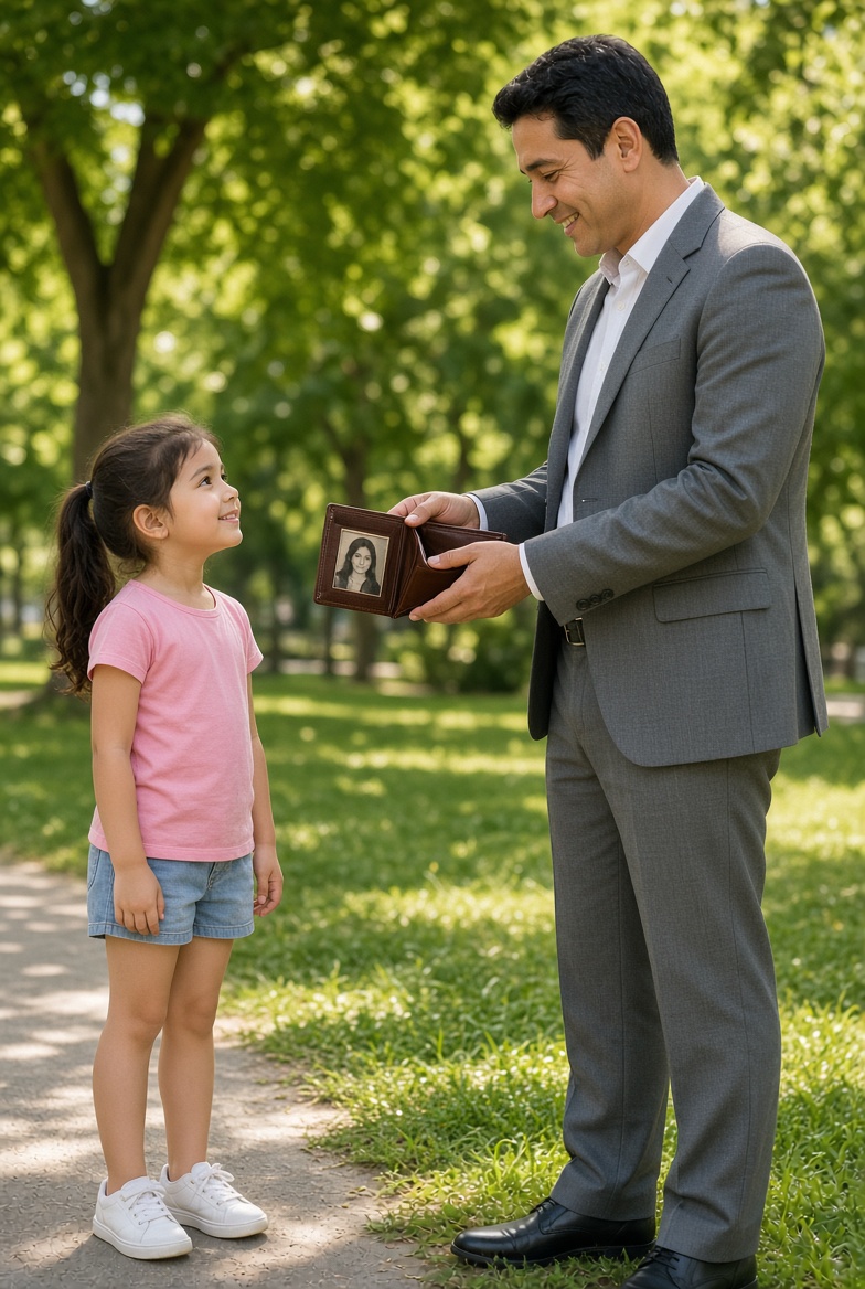 Mia handing the stranger back his wallet in the park